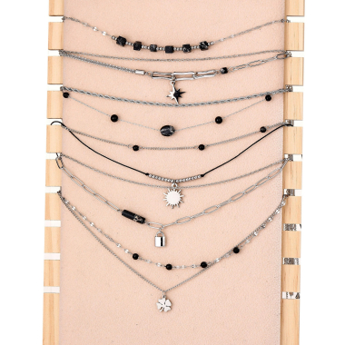 Grossiste BELLE MISS - Lot de 6 colliers acier argenté avec pierre et cristal de couleur