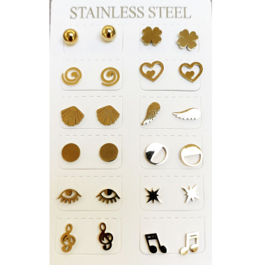 Grossiste BELLE MISS - Plaquette de 12 paires de boucle d'oreille tige en acier doré