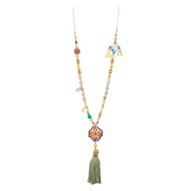Großhändler BELLE MISS - lange Halskette mit Steinen, buntem Holz und Pompon