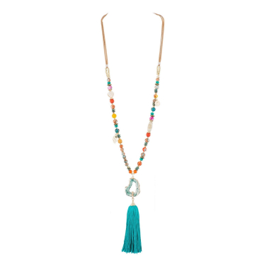 Wholesaler BELLE MISS - long necklace with multicolored stones and blue pompom