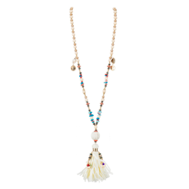 Wholesaler BELLE MISS - long necklace with multicolored stones and white raffia pompom