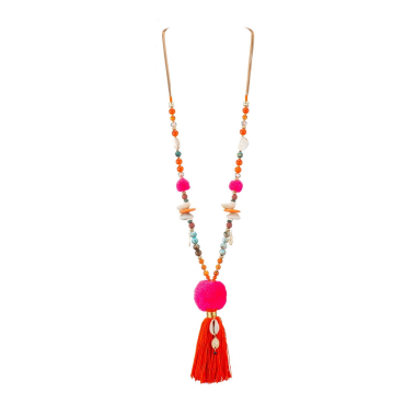 Wholesaler BELLE MISS - cord necklace with stones, mother-of-pearl and multi-colored pompom