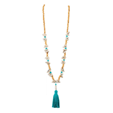 Wholesaler BELLE MISS - wooden necklace with shells and blue pompom