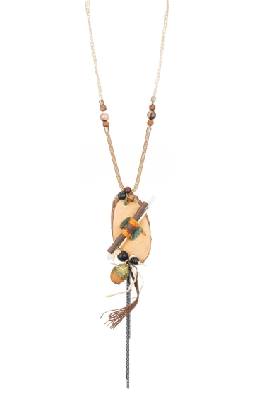 Wholesaler BELLE MISS - beige raffia necklace with wooden and raffia pendant