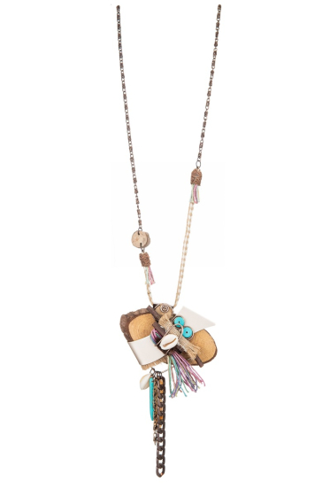 Wholesaler BELLE MISS - ethnic necklace with wooden pendant and raffia