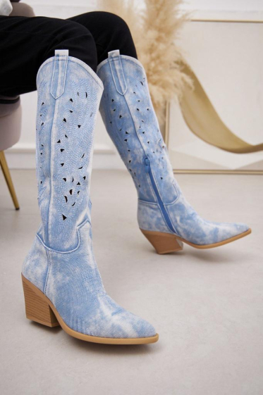 Wholesaler Belle Women - Cowboy boot / cowboy boot in denim / denim with slanted heel with pattern