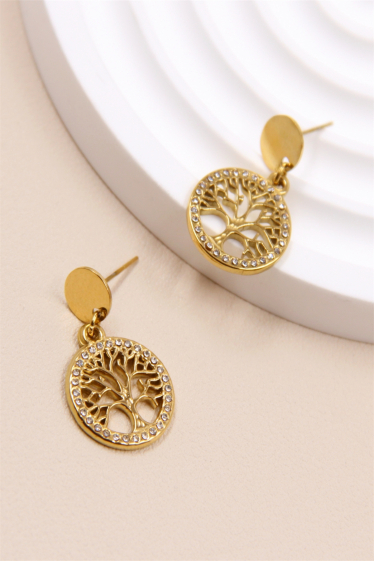 Wholesaler Bellissima - Tree of life earring decorated with rhinestones in stainless steel