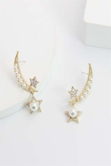 Wholesaler Bellissima - Moon star earring decorated with pearl and hypoallergenic rhinestones