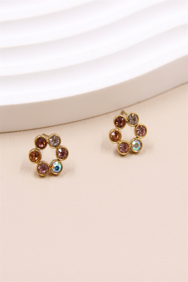 Wholesaler Bellissima - Round earring set with 5 multicolored crystals in stainless steel.