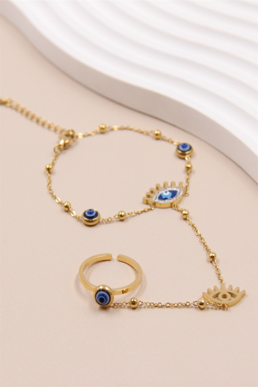 Wholesaler Bellissima - Adjustable pearly eye ring bracelet in stainless steel