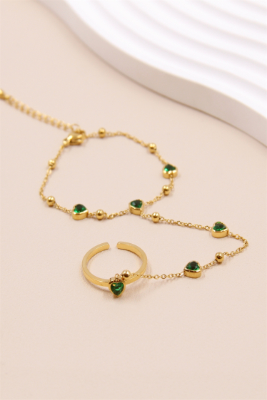 Wholesaler Bellissima - Adjustable heart ring bracelet set with zirconium in stainless steel