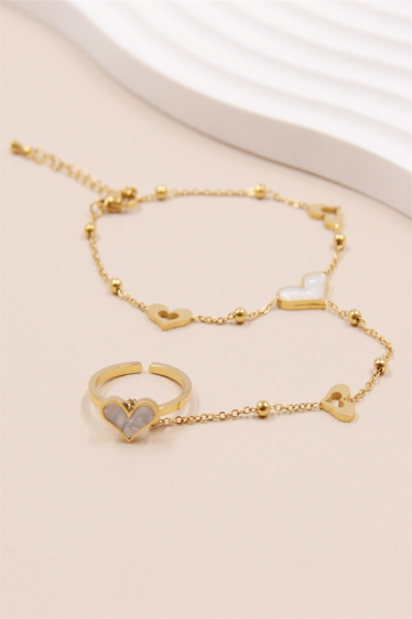 Wholesaler Bellissima - Adjustable pearly heart ring bracelet in stainless steel