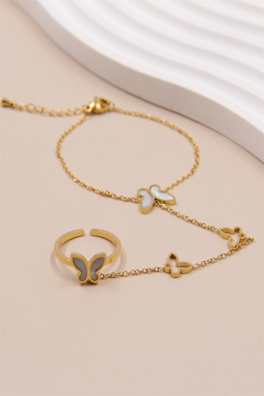 Wholesaler Bellissima - Adjustable pearly heart ring bracelet in stainless steel