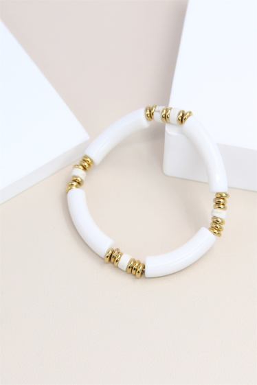 Grossiste Bellissima - Bracelet élastique en résine orné de petit perle acier et pierre combiné