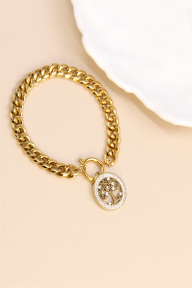 Wholesaler Bellissima - Large mesh bracelet adorned with a stainless steel tree of life pendant