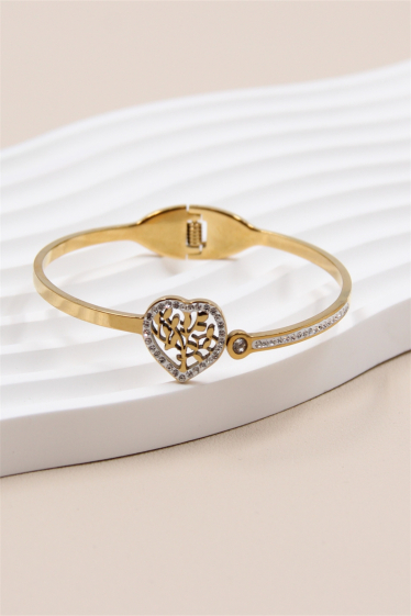 Wholesaler Bellissima - Heart bangle bracelet decorated with rhinestones in stainless steel