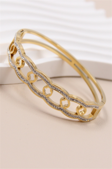 Wholesaler Bellissima - Flower bangle bracelet decorated with rhinestones in stainless steel