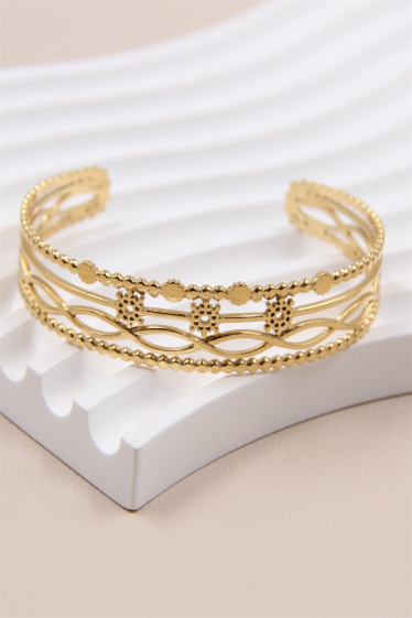 Wholesaler Bellissima - Adjustable sun motif bangle bracelet in stainless steel