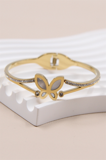Wholesaler Bellissima - Pearly butterfly bangle bracelet decorated with rhinestones in stainless steel