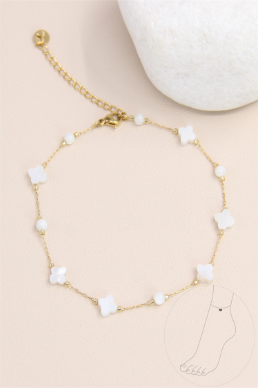 Wholesaler Bellissima - Clover anklet decorated with mother-of-pearl in stainless steel