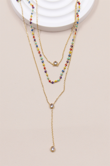 Mayorista Bellissima - Collar de cadena de 3 capas adornado con pedrería de perlas multicolores