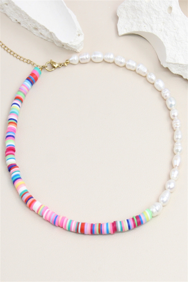 Großhändler Bellissima - Asymmetrische Halskette aus Zuchtperlen und Heishi-Perlen aus Edelstahl