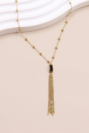 Mayorista Bellissima - Collar de cadena de perlas con colgante de cristal y flecos de acero inoxidable.