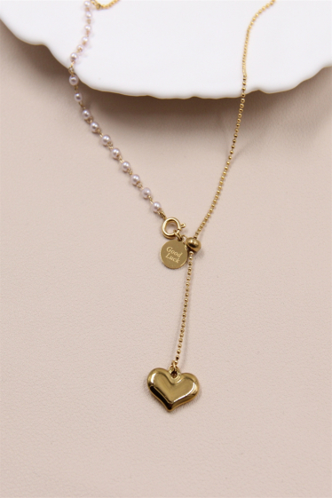 Wholesaler Bellissima - Asymmetrical heart necklace decorated with stainless steel pearl