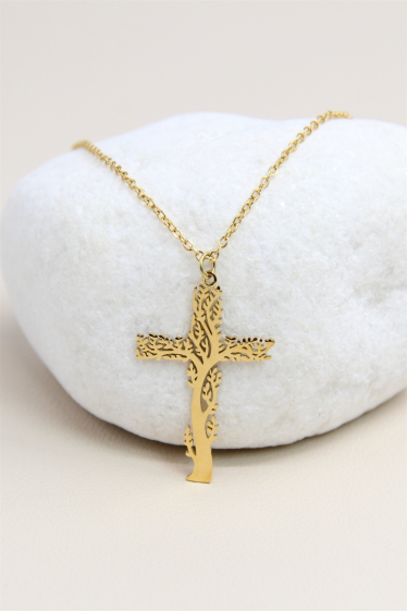 Großhändler Bellissima - Lebensbaum-Kreuz-Halskette aus Edelstahl