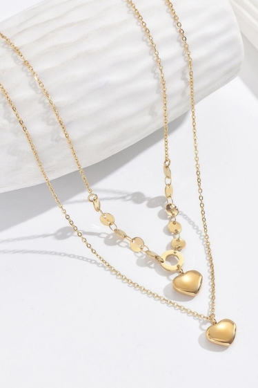 Wholesaler Bellissima - Double heart mixed chain necklace in stainless steel
