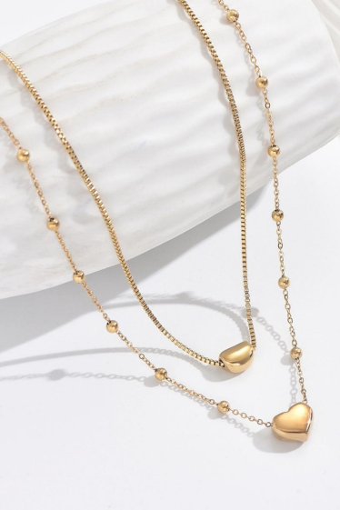 Mayorista Bellissima - Collar de cadena con doble corazón decorado con perlas de acero inoxidable