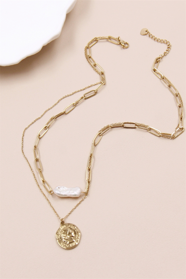 Großhändler Bellissima - Halskette aus doppeltem Netz, verziert mit einer Perle aus Edelstahl