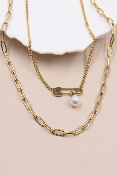 Wholesaler Bellissima - Double row pin necklace in stainless steel