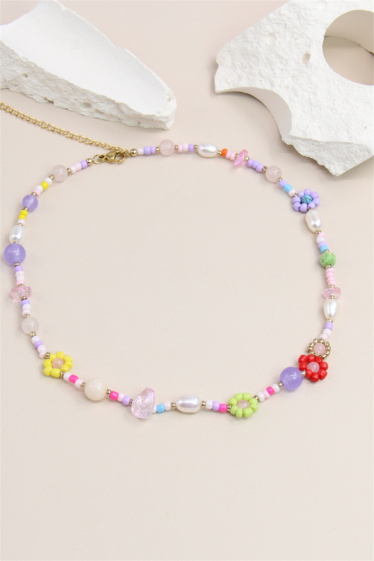 Wholesaler Bellissima - Flower necklace decorated with pearl and stone in stainless steel
