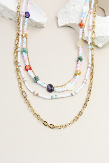 Großhändler Bellissima - Mehrreihige kombinierte Halskette aus Perlen und Edelstahl