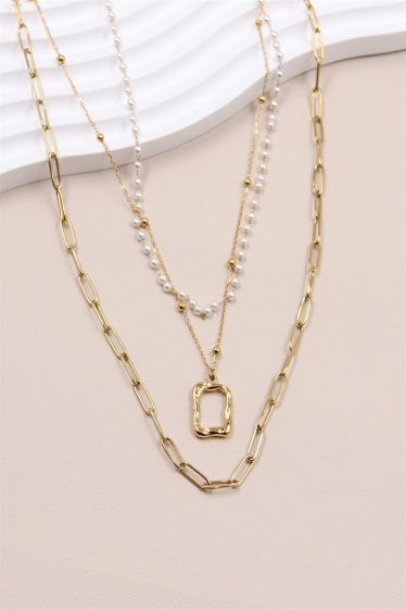 Großhändler Bellissima - Mehrgängige Halskette aus Netzgewebe und Perlen aus Edelstahl
