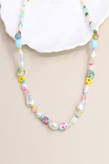 Grossiste Bellissima - Collier orné de perles multicolores et variées en acier inoxydable