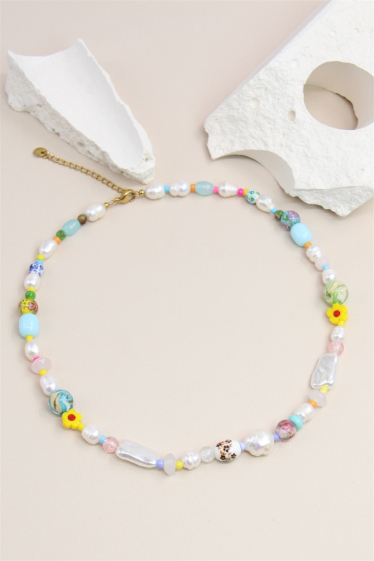 Grossiste Bellissima - Collier perle de culture mixé avec perle de verre en acier inoxydable