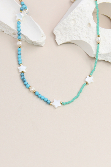 Wholesaler Bellissima - Asymmetrical stone bead necklace adorned with pearly star in stainless steel