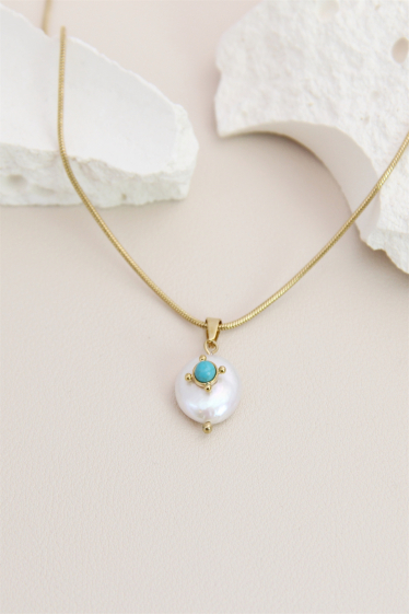 Mayorista Bellissima - Collar de perlas adornado con piedra en acero inoxidable.