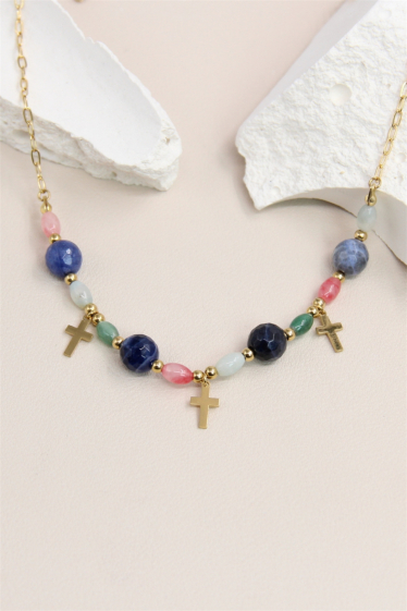 Wholesaler Bellissima - Stone necklace decorated with stainless steel crosses