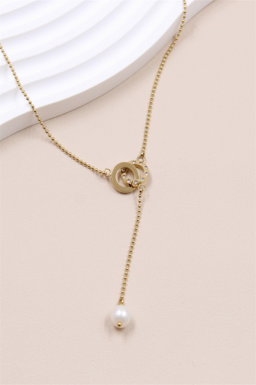 Grossiste Bellissima - Collier "Y" double anneaux orné de perle en acier inoxydable