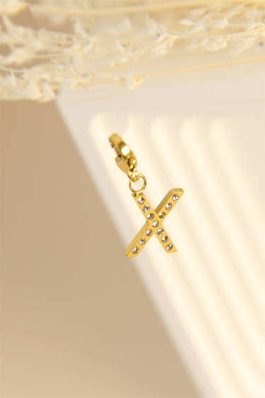 Wholesaler Bellissima - Charm's letter "X" pendant decorated with rhinestones in stainless steel