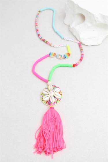 Großhändler Bellissima - Bommel-Kauri-Halskette aus Heishi-Perle