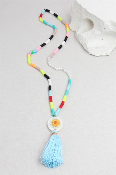 Mayorista Bellissima - Collar nacarado de flores con pompones en perla heishi multicolor