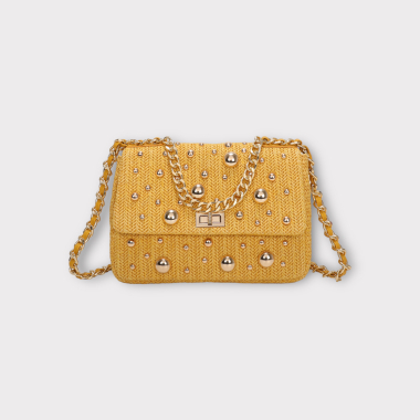 Grossiste Bestini - Sac soirée paille avec perle doré décorative et poignée bandoulière chainette