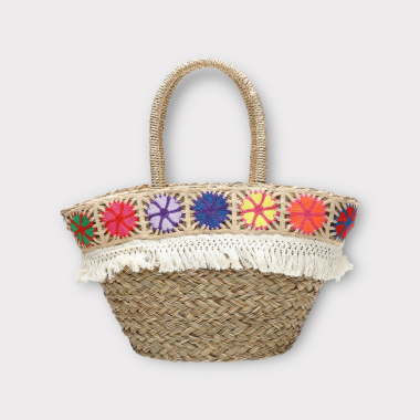 Grossiste BESTINI - Sac cabas paille avec motif floral et frange décorative