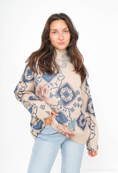 Wholesaler BLEUET DE PARIS - Soft sweater with diamond, floral and rhinestone pattern; Corresponding TU size 40-48.