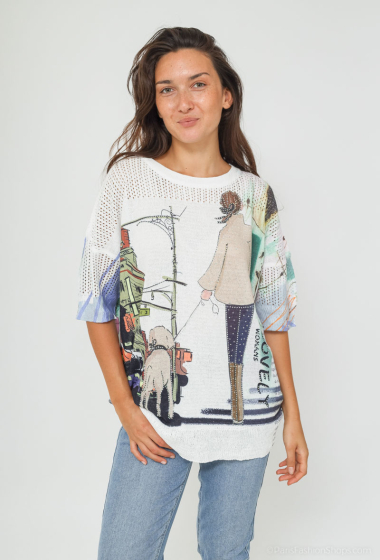 Wholesaler BLEUET DE PARIS - Hole t-shirts with women's pattern and rhinestones; Corresponding TU size 40-48.