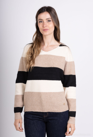Wholesaler Bluoltre - Bi-color striped V-neck sweater